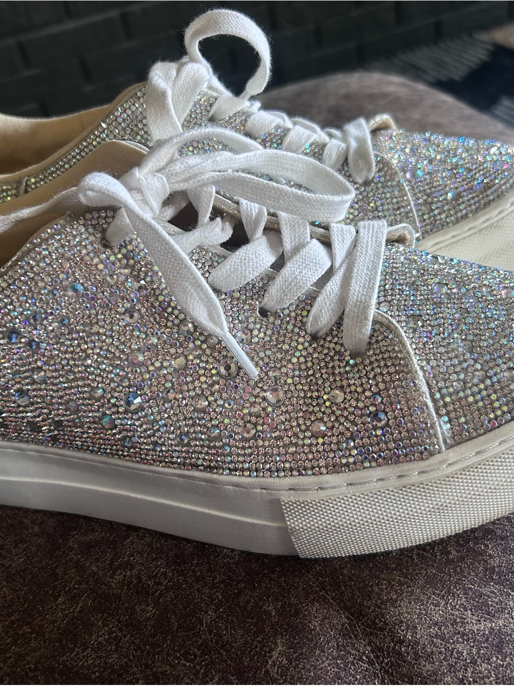 Betsey Johnson White Crystal Rhinestone Lace-Up Sneakers